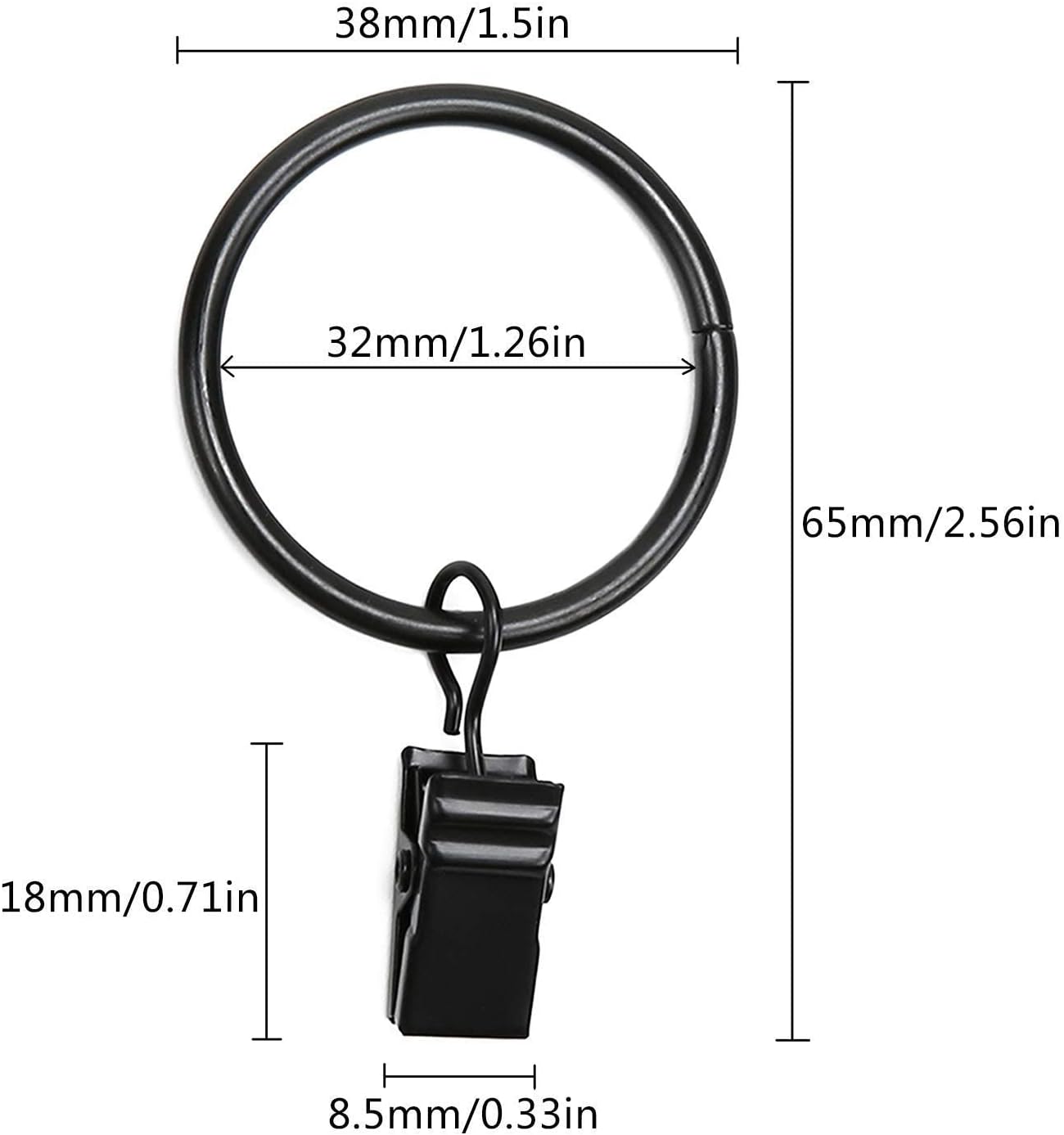 40 Pack Metal Curtain Rings with Clips, Drapery Clips with Rings, Curtain Hangers Clips for Home,Hotel and Office, Drapes Rings 1.26 inch Interior Diameter,Black