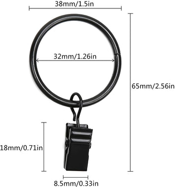 40 Pack Metal Curtain Rings with Clips, Drapery Clips with Rings, Curtain Hangers Clips for Home,Hotel and Office, Drapes Rings 1.26 inch Interior Diameter,Black