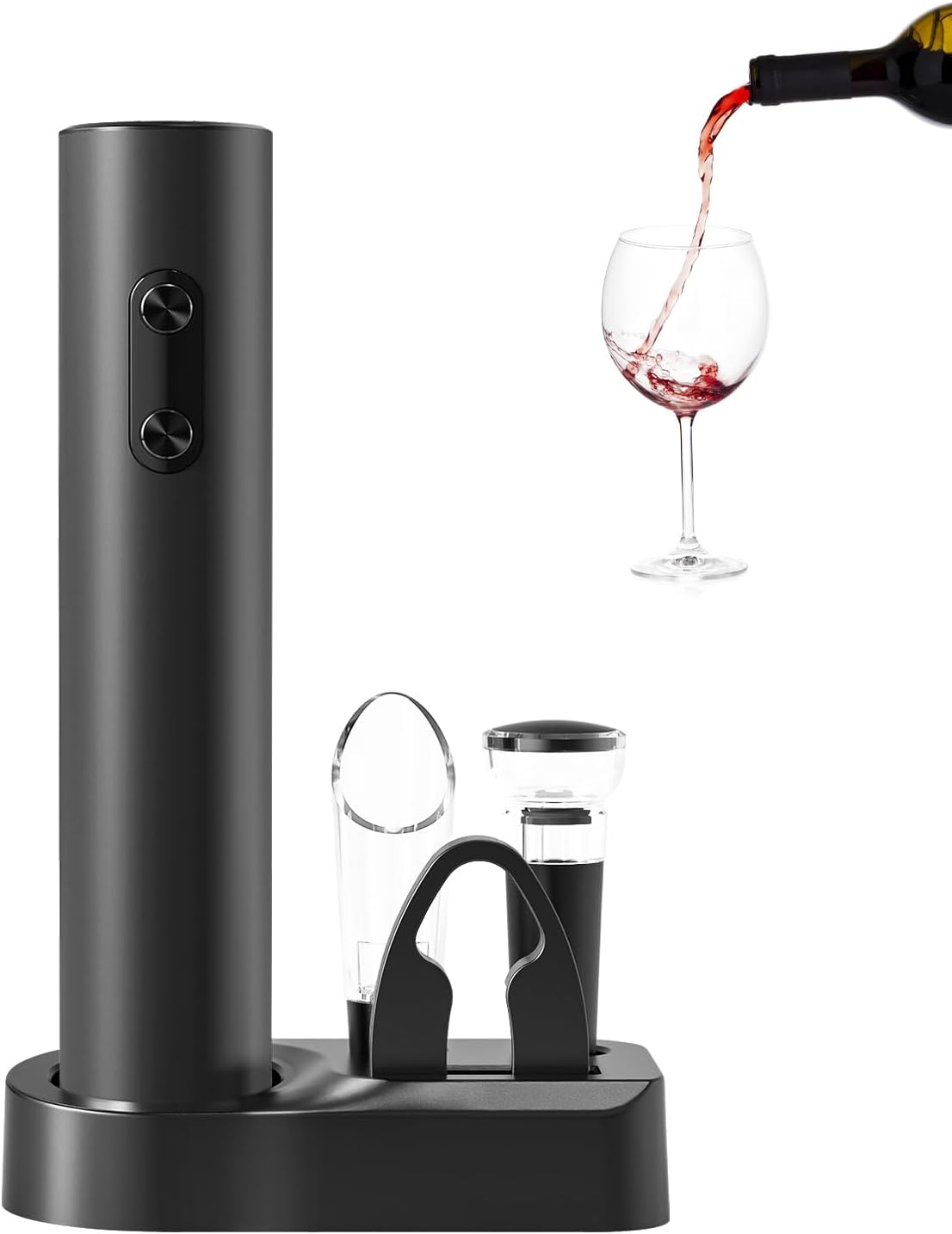Battery Operated Electric Wine Opener Set by ELMWAY, Electric Corkscrew with Storage Base/Aerator Pourer/Foil Cutter/Vacuum Stopper, Wine Set Gift for Wine Lover - Black (4 x AA Not Included)