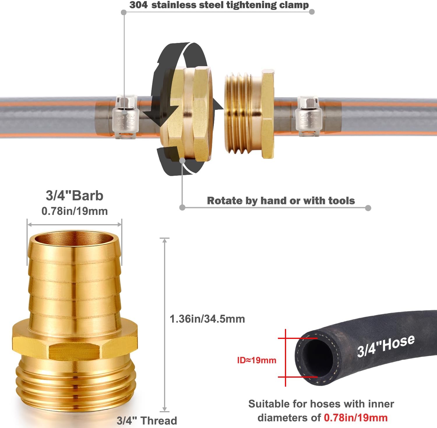 Solid Brass Garden Hose Repair kit Connector with Clamps 3/4" Barb x 3/4" Male,Fit for Garden Hose Fitting,Male and Female Hose Fittings