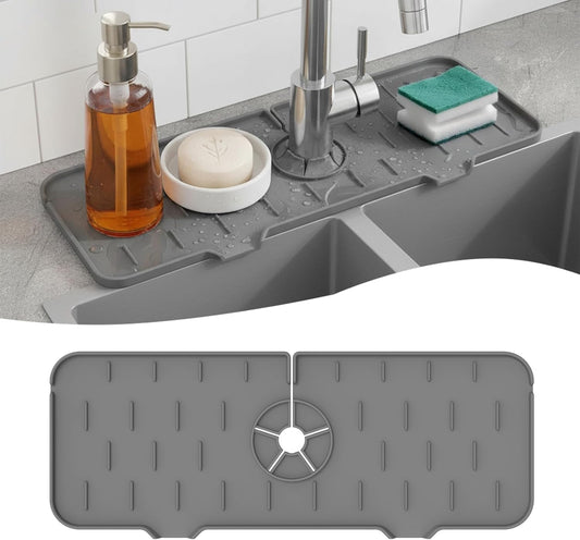 Silicone Faucet Handle Drip Catcher Drying Tray Mat Dish Soap Sponge Holder Accessories Gadgets for Kitchen Counter Bathroom Kitchen Sink Splash Guard (Gray, 14.56")
