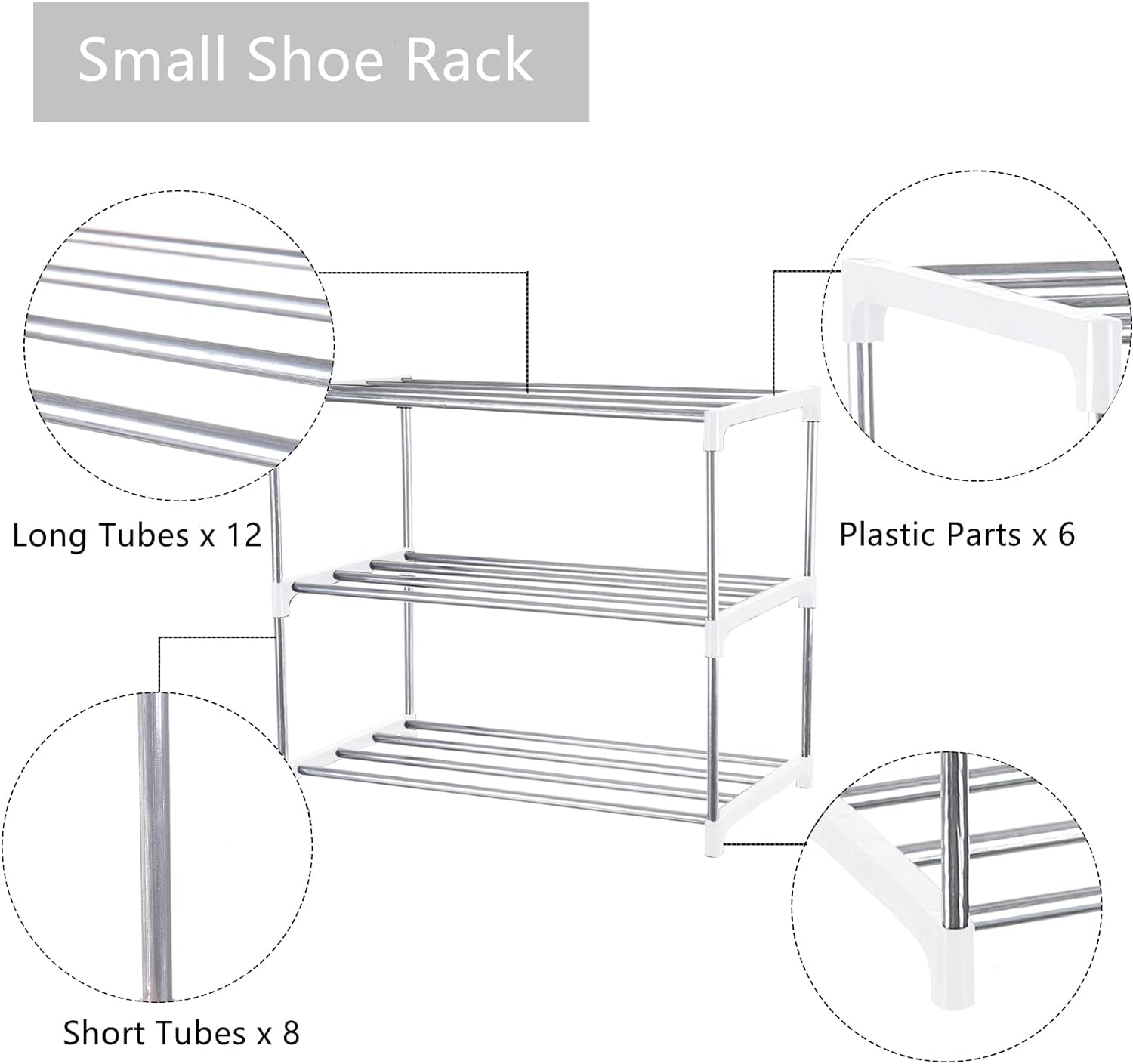 Small Shoe Rack, Narrow Stackable Shoe Shelf Organizer for Entryway, Doorway and Bedroom Closet (3-Tier, White)