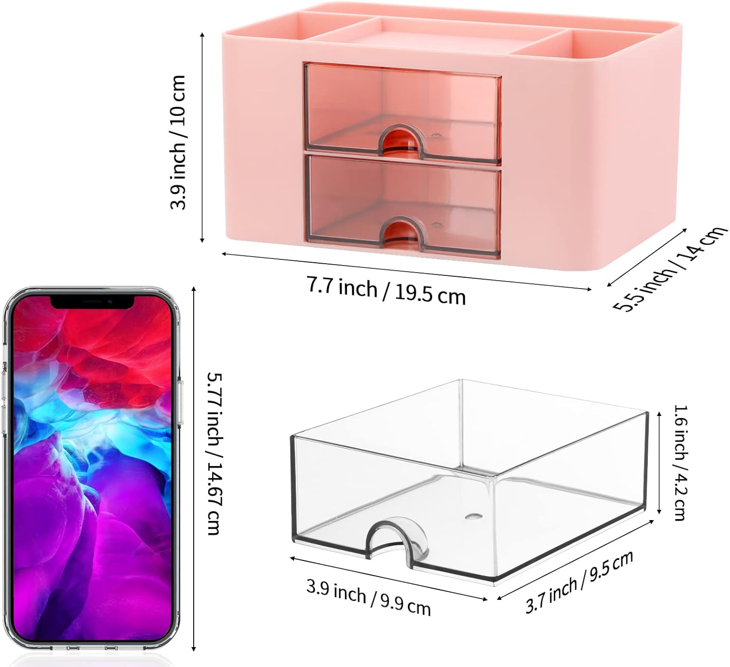 Desk Organizer with 2 Drawer, Plastic Desktop Pen Pencil Card Holder Storage Box for Desk, Office Supplies, Vanity Table Office School Home (Pink)