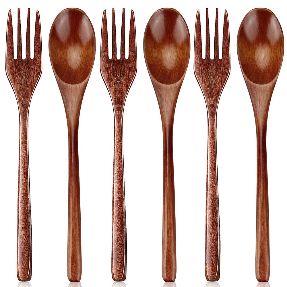12 Pieces Wooden Forks and Spoons for Eating Utensil Set Lunch Wooden Cutlery Japanese Silverware Sets Flatware Reusable Bamboo Small Utensils Korean Mini Wooden Spoon Fork Set