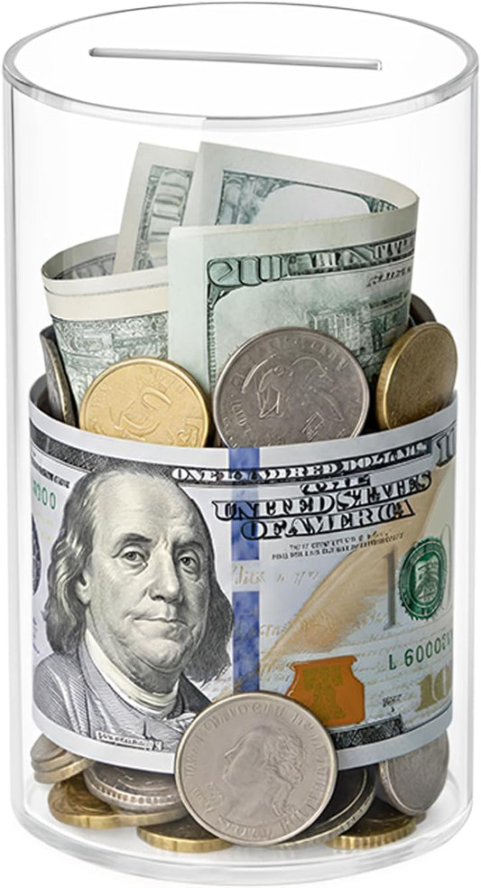 Clear Piggy Bank for Adults/Kids, Acrylic Unopenable Money Box for Cash Coin Saving, Must Break to Open, Money Saving Jar for Adults Boys Girls, Size 6" H x 4" Diameter