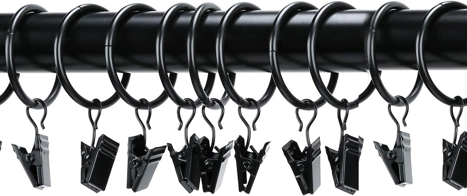 40 Pack Metal Curtain Rings with Clips, Drapery Clips with Rings, Curtain Hangers Clips for Home,Hotel and Office, Drapes Rings 1.26 inch Interior Diameter,Black