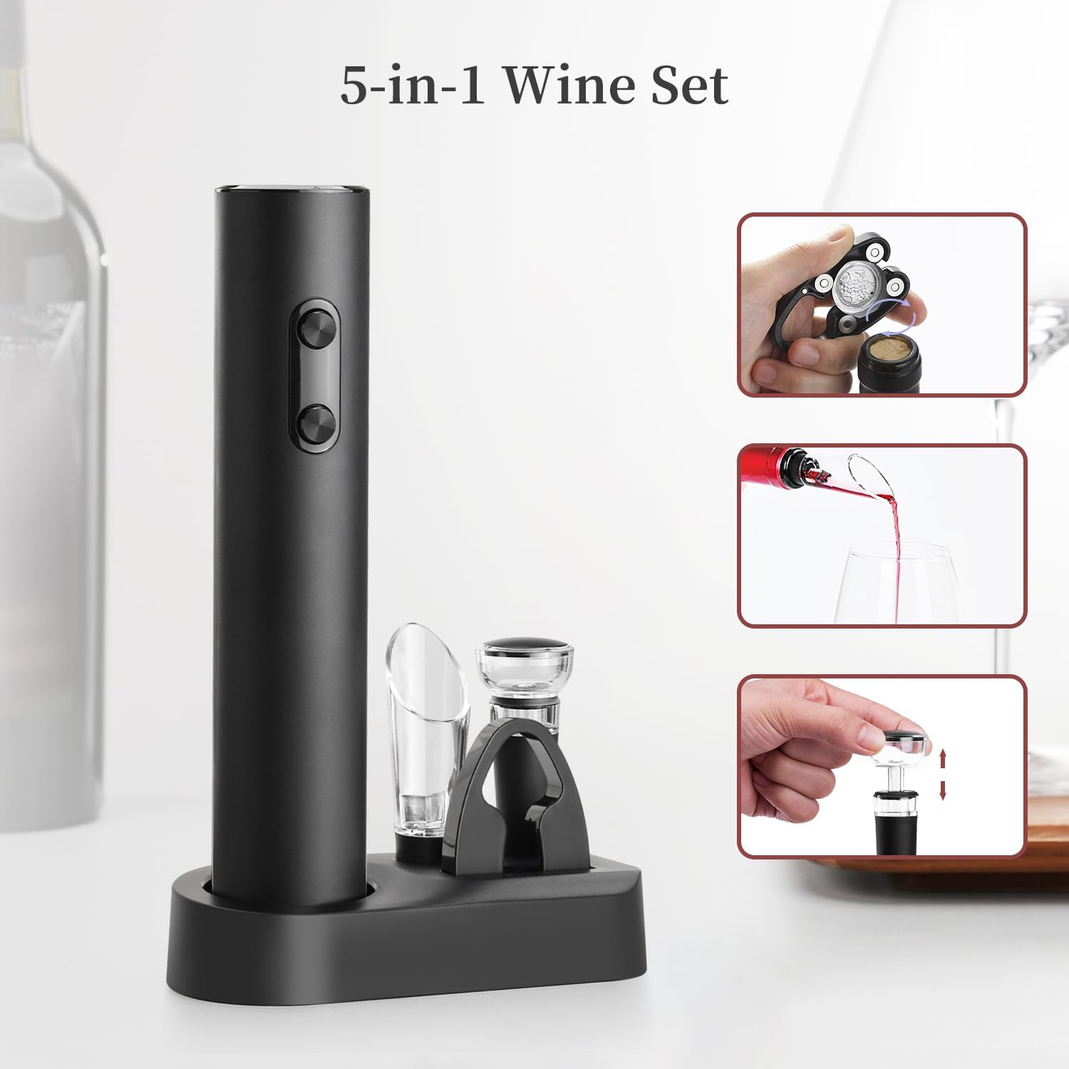 Battery Operated Electric Wine Opener Set by ELMWAY, Electric Corkscrew with Storage Base/Aerator Pourer/Foil Cutter/Vacuum Stopper, Wine Set Gift for Wine Lover - Black (4 x AA Not Included)