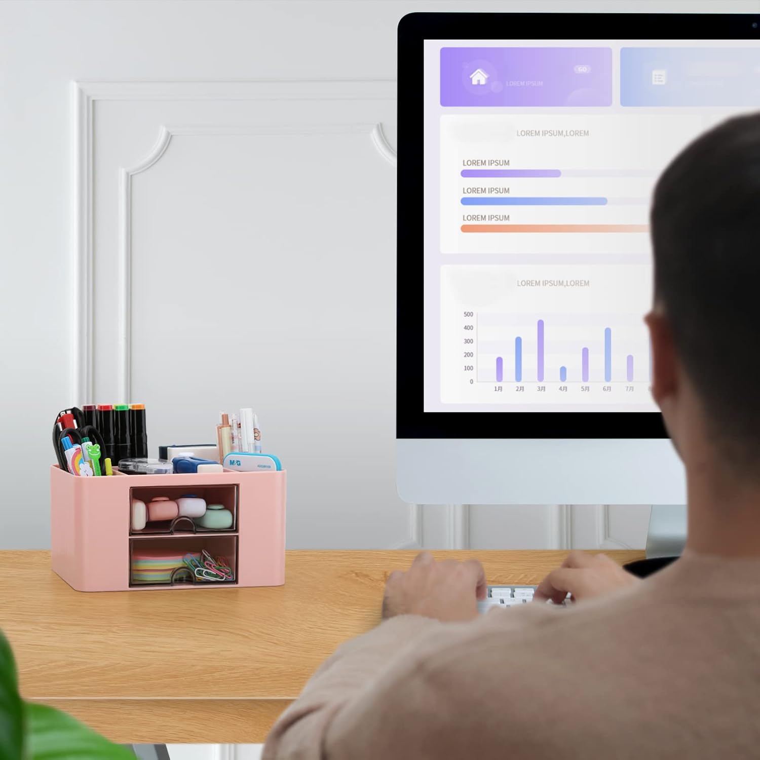 Desk Organizer with 2 Drawer, Plastic Desktop Pen Pencil Card Holder Storage Box for Desk, Office Supplies, Vanity Table Office School Home (Pink)