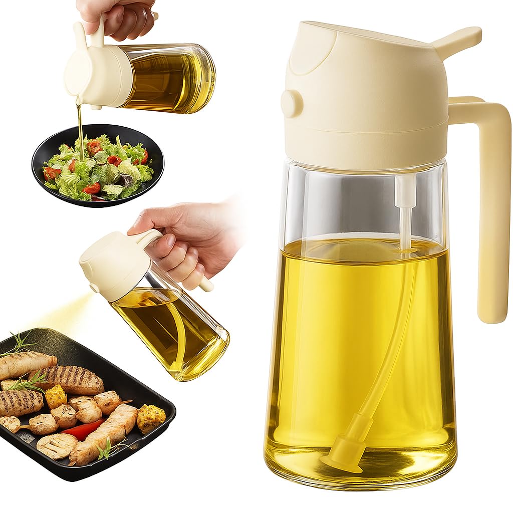 2 in 1 Olive Oil Sprayer & Dispenser Bottle – 470ml/16oz Glass Spray and Pour Oil Bottle for Cooking, Air Fryer, Salad, BBQ – Kitchen Gadgets & Accessories (Black)