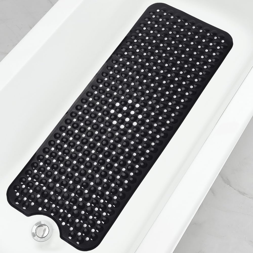 Linoows Bathtub and Shower Mats, 40x16 Inch Extra Large Non Slip Soft Bath Tub Mat with Suction Cups and Drain Holes for Bathroom Floor and Keep Tubs Clean, Machine Washable, Black
