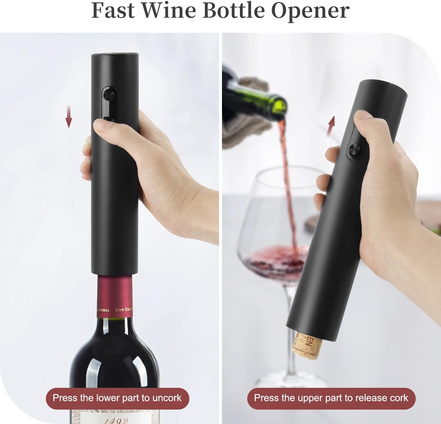 Battery Operated Electric Wine Opener Set by ELMWAY, Electric Corkscrew with Storage Base/Aerator Pourer/Foil Cutter/Vacuum Stopper, Wine Set Gift for Wine Lover - Black (4 x AA Not Included)