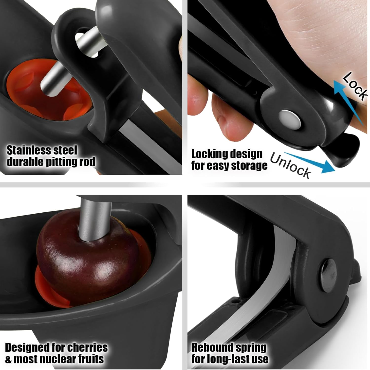 SCHVUBENR Cherry Pitter Tool - Stainless Steel Cherry Corer Pitter with Ergonomic Push Design - Easy to Use for Making Cherry Jam - Pit Cherry with Ease, Saving Time & Space with Lock Design(Black)
