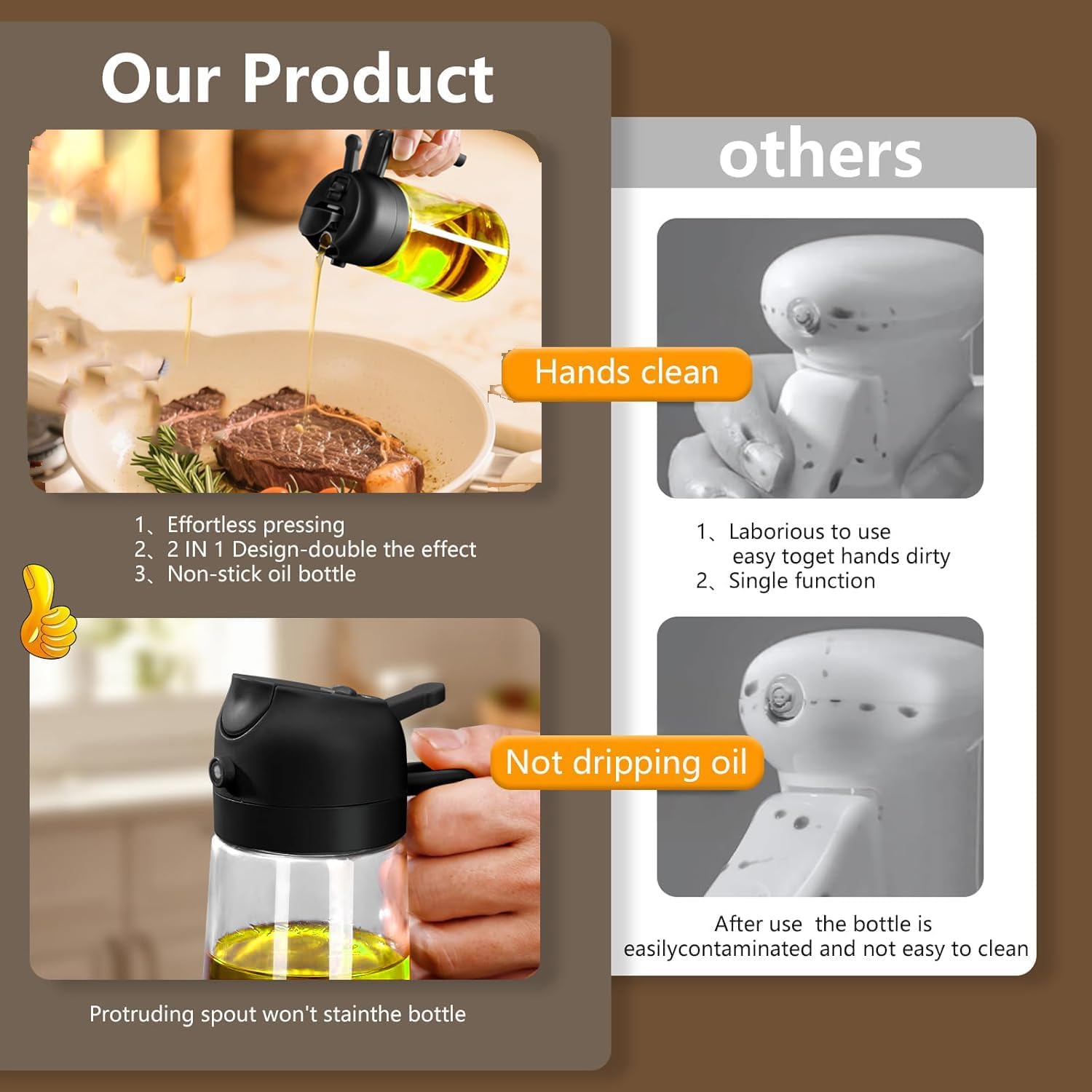 2 in 1 Olive Oil Sprayer & Dispenser Bottle – 470ml/16oz Glass Spray and Pour Oil Bottle for Cooking, Air Fryer, Salad, BBQ – Kitchen Gadgets & Accessories (Black)