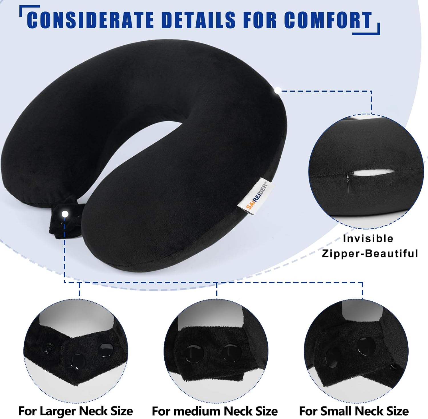 SAIREIDER Travel Pillow 100% Pure Memory Foam Travel Neck Pillow, Airplane Pillow for Traveling、Car、Home、Office，Washable Cover（Black）