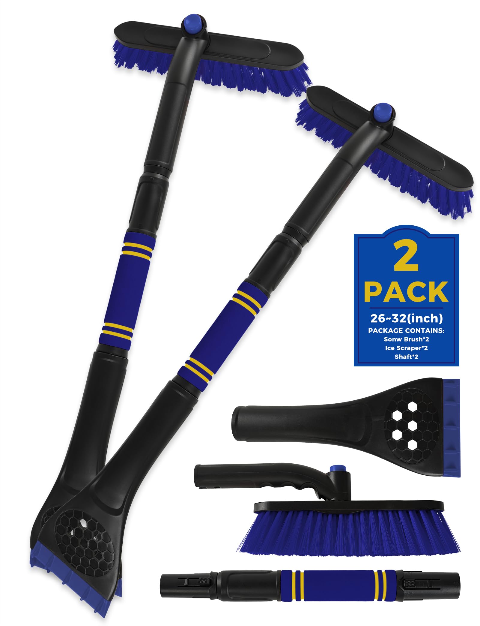 34" Extendable Ice Scrapers for Car Windshield 2-in-1 Snow Brush for Car Snow Scraper for Car Snow Scraper and Drush with Ergonomic Foam Grip for Cars, Trucks, SUVs with 360° Pivoting Brush Head Blue