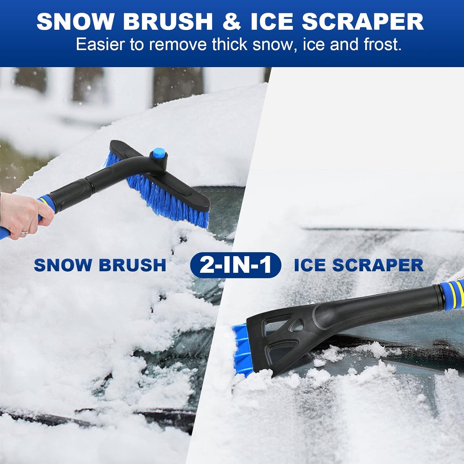 34" Extendable Ice Scrapers for Car Windshield 2-in-1 Snow Brush for Car Snow Scraper for Car Snow Scraper and Drush with Ergonomic Foam Grip for Cars, Trucks, SUVs with 360° Pivoting Brush Head Blue