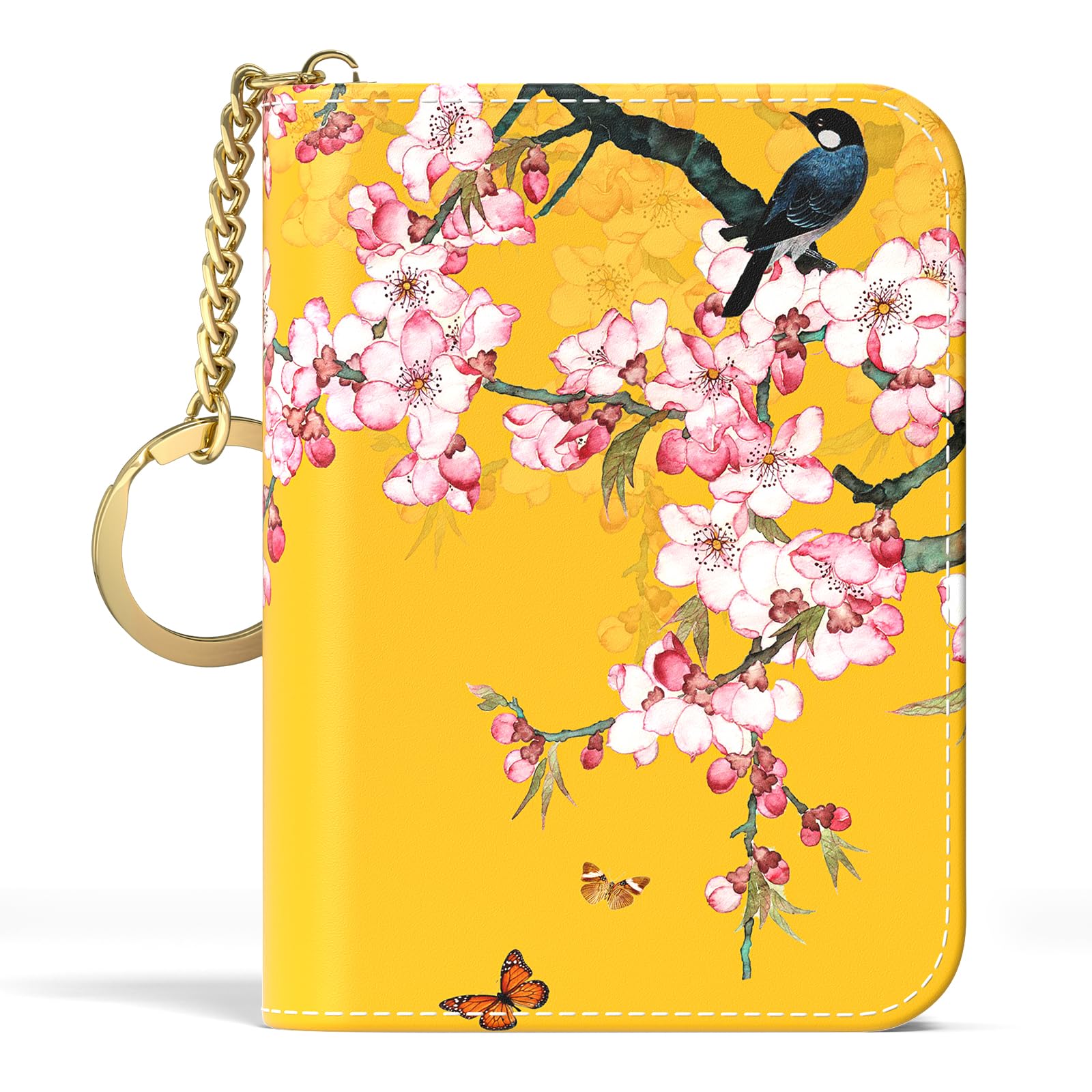 Credit Card Holder, Small RFID Wallet Slim Leather Card Organizer Case with Zipper and Keychain, Elegant Flowers