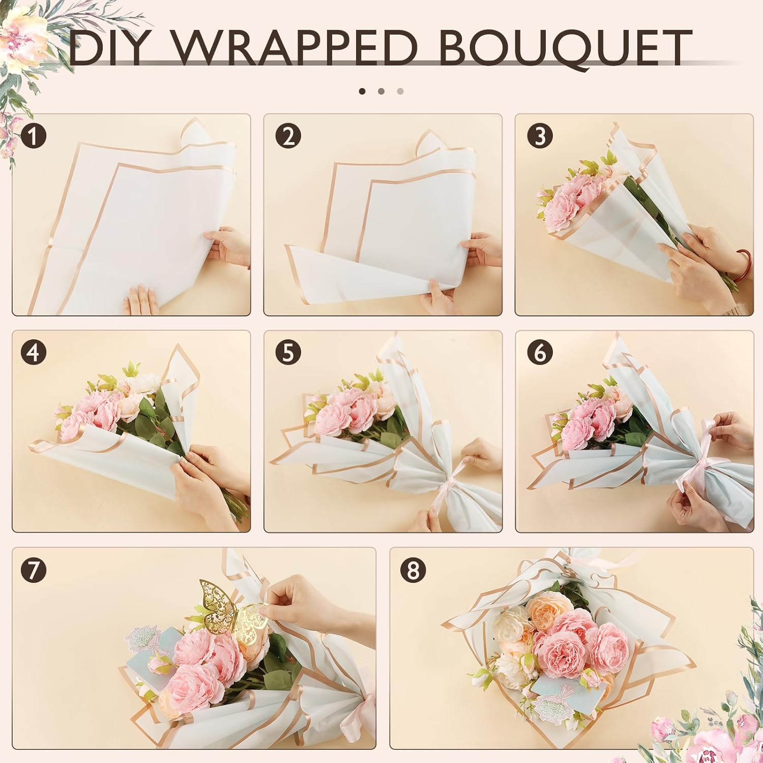 20 Sheets Flower Wrapping Paper Bouquet Wrapping Paper Waterproof with 10 Pcs Greeting cards, 12PCS 3D Gold Butterfly Decor, 50 pearl pins, 24 Yards Satin Ribbon for Wedding DIY Craft Party 10 colors
