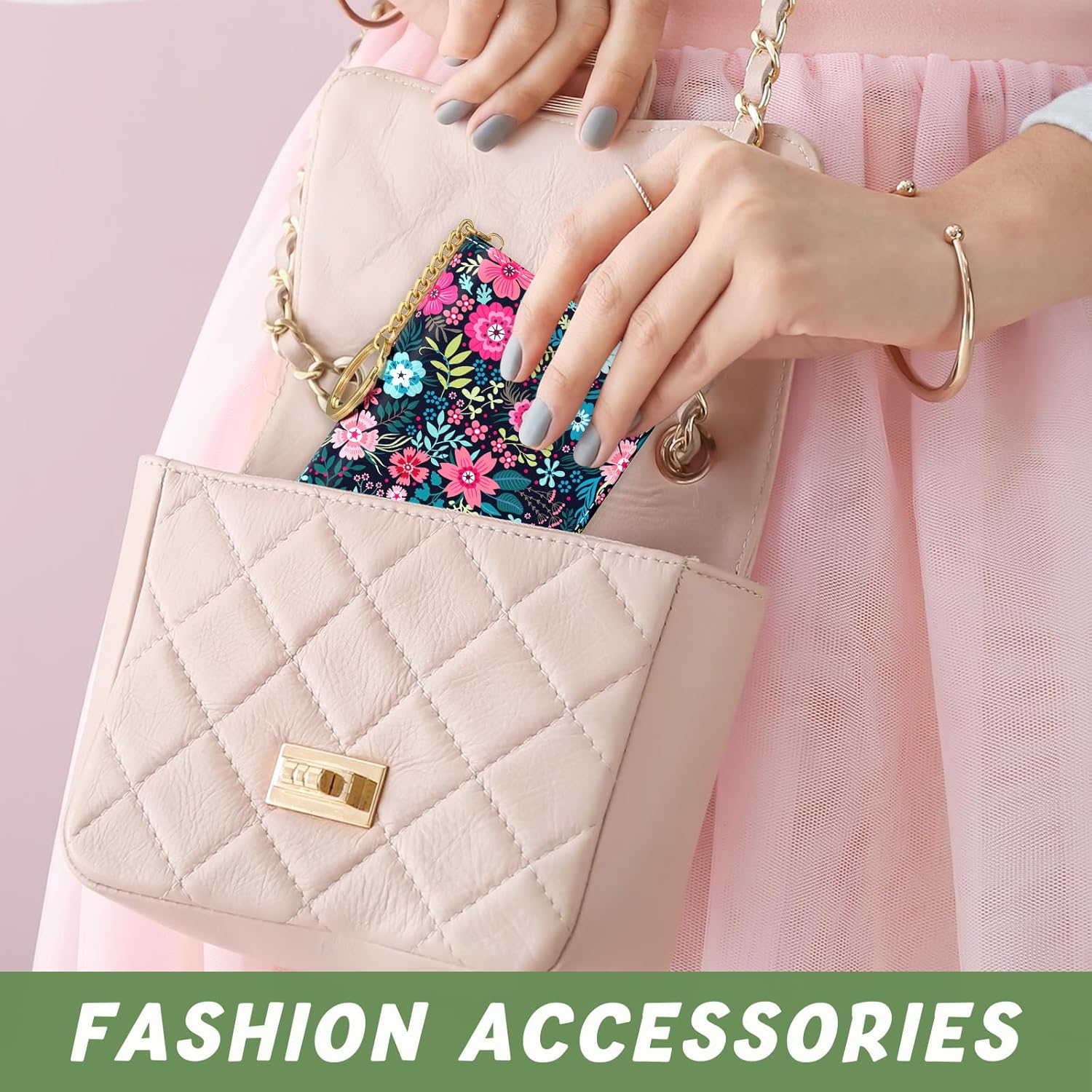 Credit Card Holder, Small RFID Wallet Slim Leather Card Organizer Case with Zipper and Keychain, Elegant Flowers