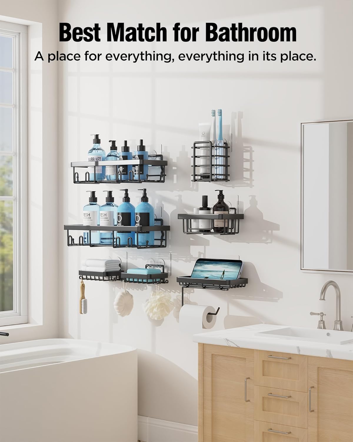 Shower Caddy 7 Pack, Adhesive Bathroom Shower Organizer for Bathroom Storage, No Drilling Large Capacity Rustproof Stainless Steel Shower Shelves Rack for Bath, Black