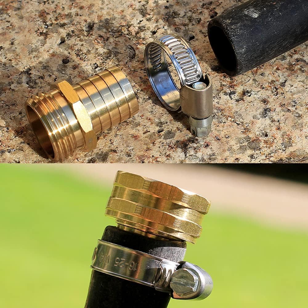 Solid Brass Garden Hose Repair kit Connector with Clamps 3/4" Barb x 3/4" Male,Fit for Garden Hose Fitting,Male and Female Hose Fittings