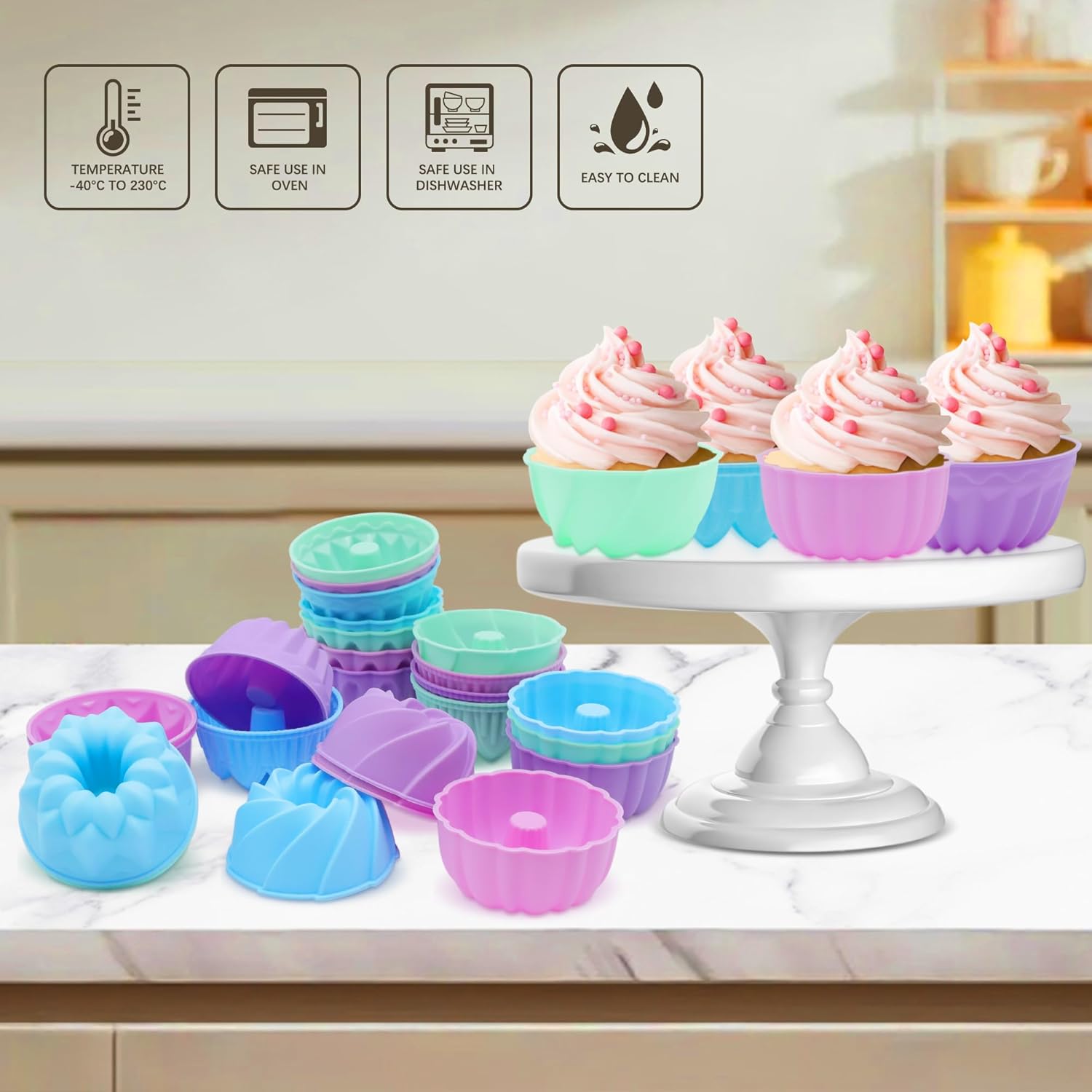 To encounter 24Pack Silicone Molds, Nonstick 3 inches Donut Mold, Silicone Baking Cups, Donut Pan, Muffin, Jello, Bagel Pan, Oven- Microwave- Dishwasher Safe