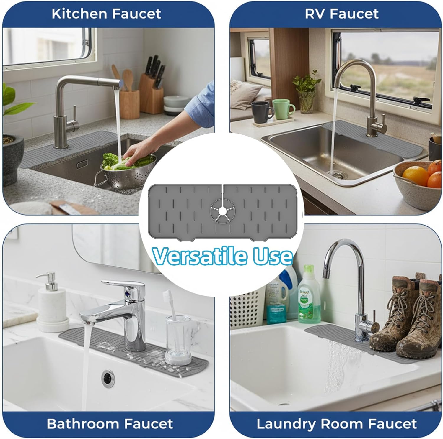 Silicone Faucet Handle Drip Catcher Drying Tray Mat Dish Soap Sponge Holder Accessories Gadgets for Kitchen Counter Bathroom Kitchen Sink Splash Guard (Gray, 14.56")