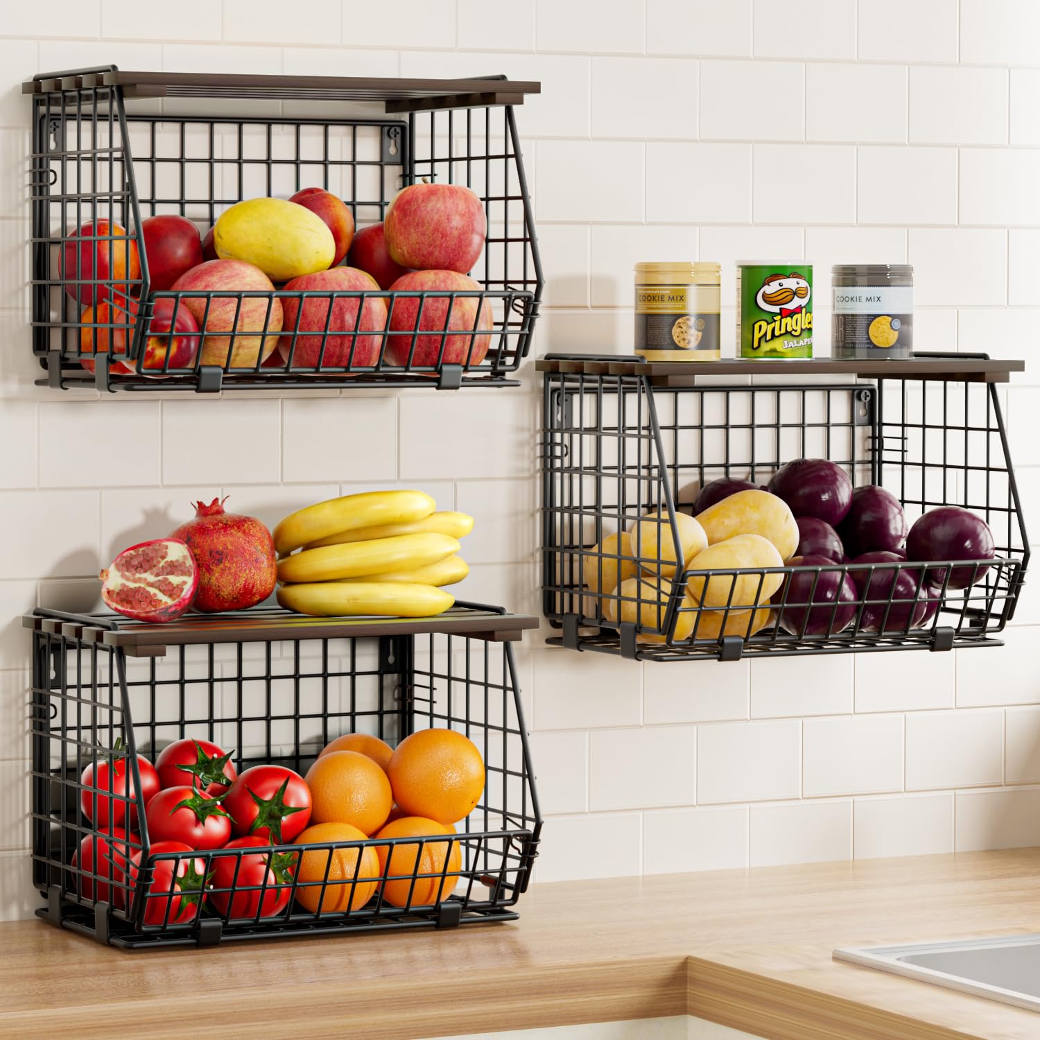 Wire Fruit Basket for Kitchen Storage: Hanging and Counter Basket for Vegetable Produce - Potato and Onion Storage for Pantry 3 Pack