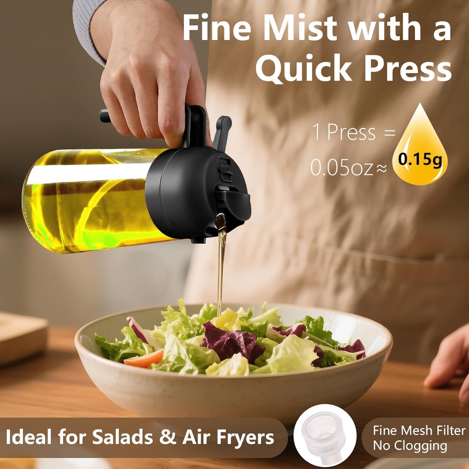 2 in 1 Olive Oil Sprayer & Dispenser Bottle – 470ml/16oz Glass Spray and Pour Oil Bottle for Cooking, Air Fryer, Salad, BBQ – Kitchen Gadgets & Accessories (Black)