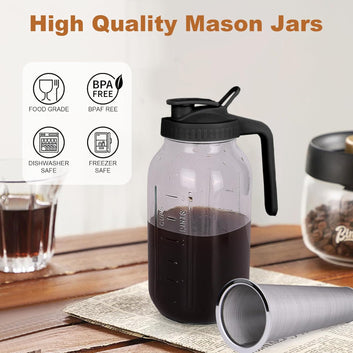 Cold Brew Coffee Maker,64 oz Mason Jar Pitcher with Stainless Steel Filter, Pour Spout Handle Lid, Heavy Duty Glass Airtight & Leak-Proof for Iced Coffee,Tea & Lemonade