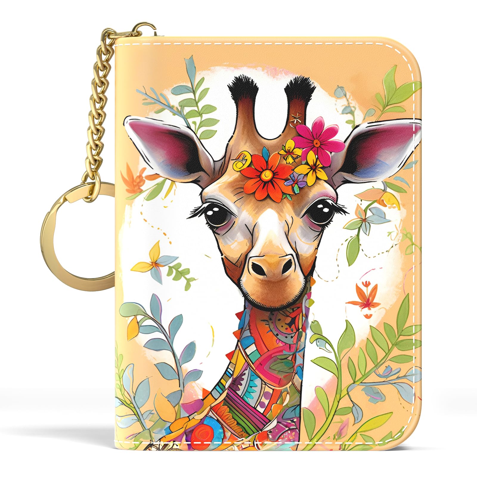 Credit Card Holder, Small RFID Wallet Slim Leather Card Organizer Case with Zipper and Keychain, Elegant Flowers