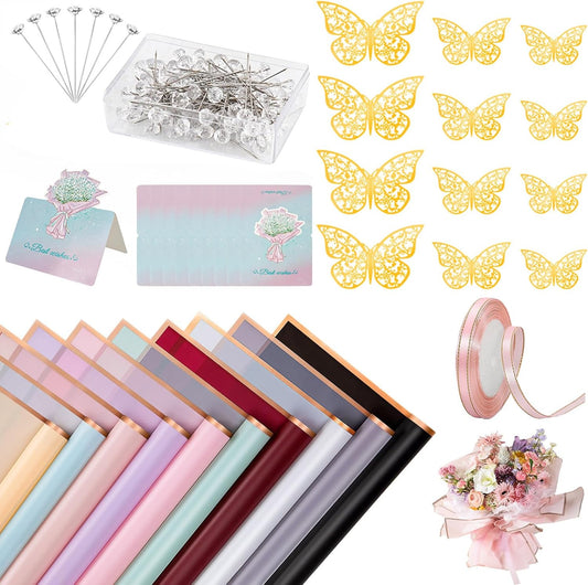 20 Sheets Flower Wrapping Paper Bouquet Wrapping Paper Waterproof with 10 Pcs Greeting cards, 12PCS 3D Gold Butterfly Decor, 50 pearl pins, 24 Yards Satin Ribbon for Wedding DIY Craft Party 10 colors