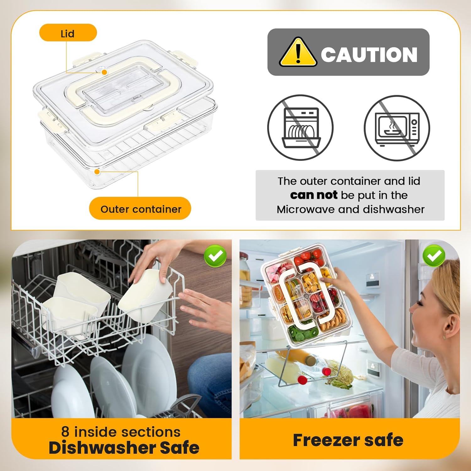 Divided Serving Tray with Lid, Snackle Box Container with Lid,Snack Box Container with Cutlery Storage, 8 Fruit Forks, 2 Spoons, Fruit Tray,Portable Snack Organizer, 8 Compartments snack tray with lid