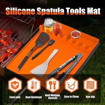 Silicone Spatula Mat, Large Grill Mats for Blackstone with Drip Pad, Heat Resistant Griddle Accessory, Griddle Tools Mat for Outdoor Grill Kitchen Counter (Orange)