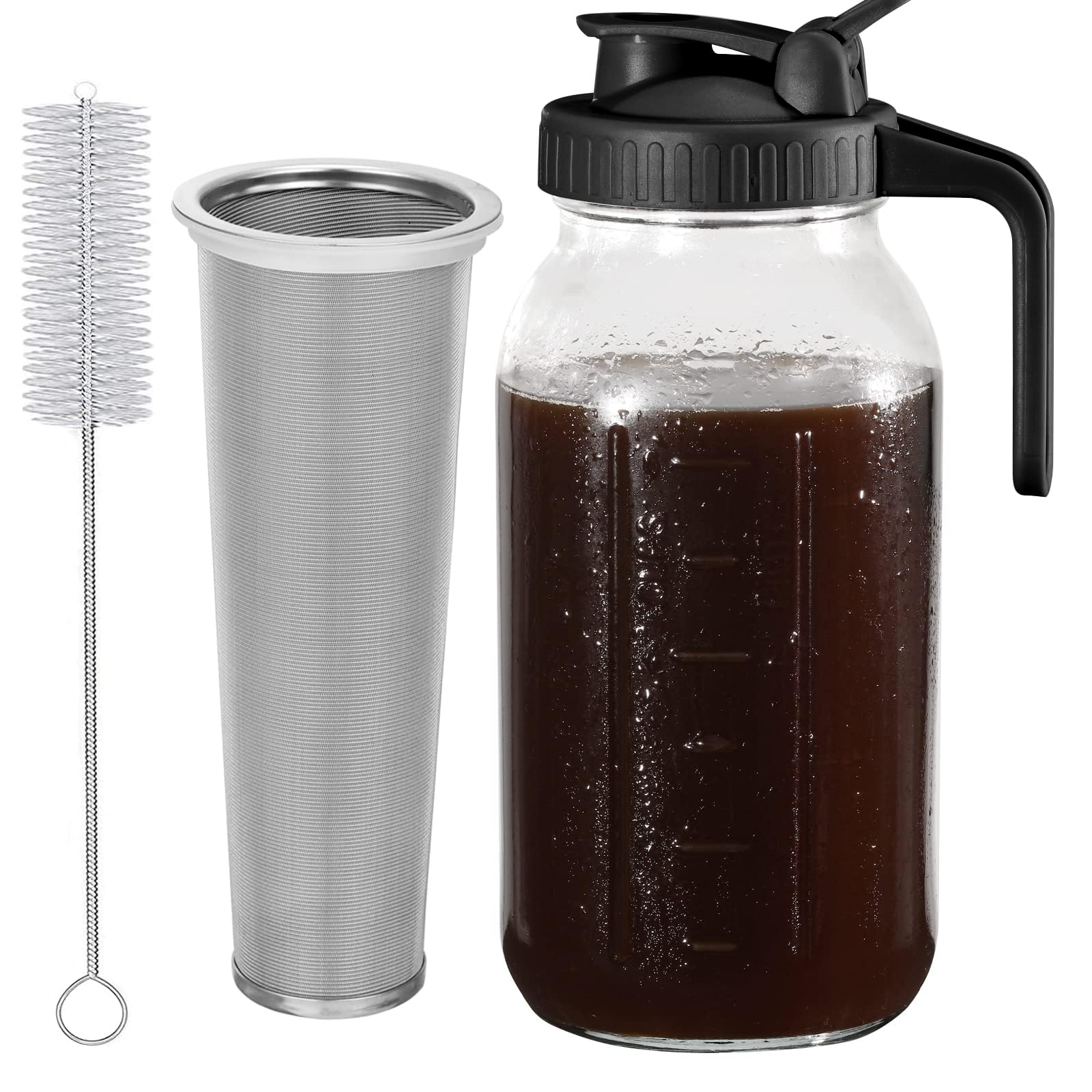 Cold Brew Coffee Maker Pitcher, 64 Oz Heavy Duty Wide Mouth Glass Mason Jar pour spout Lid with Stainless Steel Filter for Iced Coffee, Ice Lemonade, Fruit Drinks, Sun Tea
