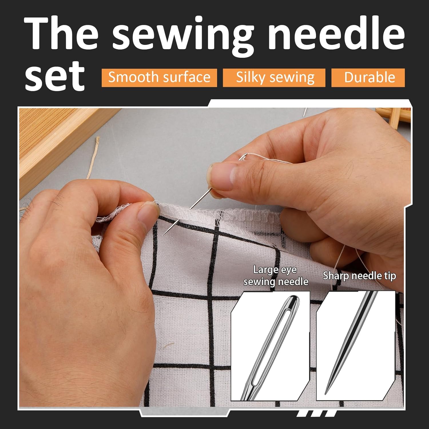 FOUSNOW 25 PCS Steel Sewing Needles, 5 Different Sizes Embroidery Large Eye Needles for Handsewing, Large Eye Sewing Needle, Sharp Needle Kit with Solid Wood Case