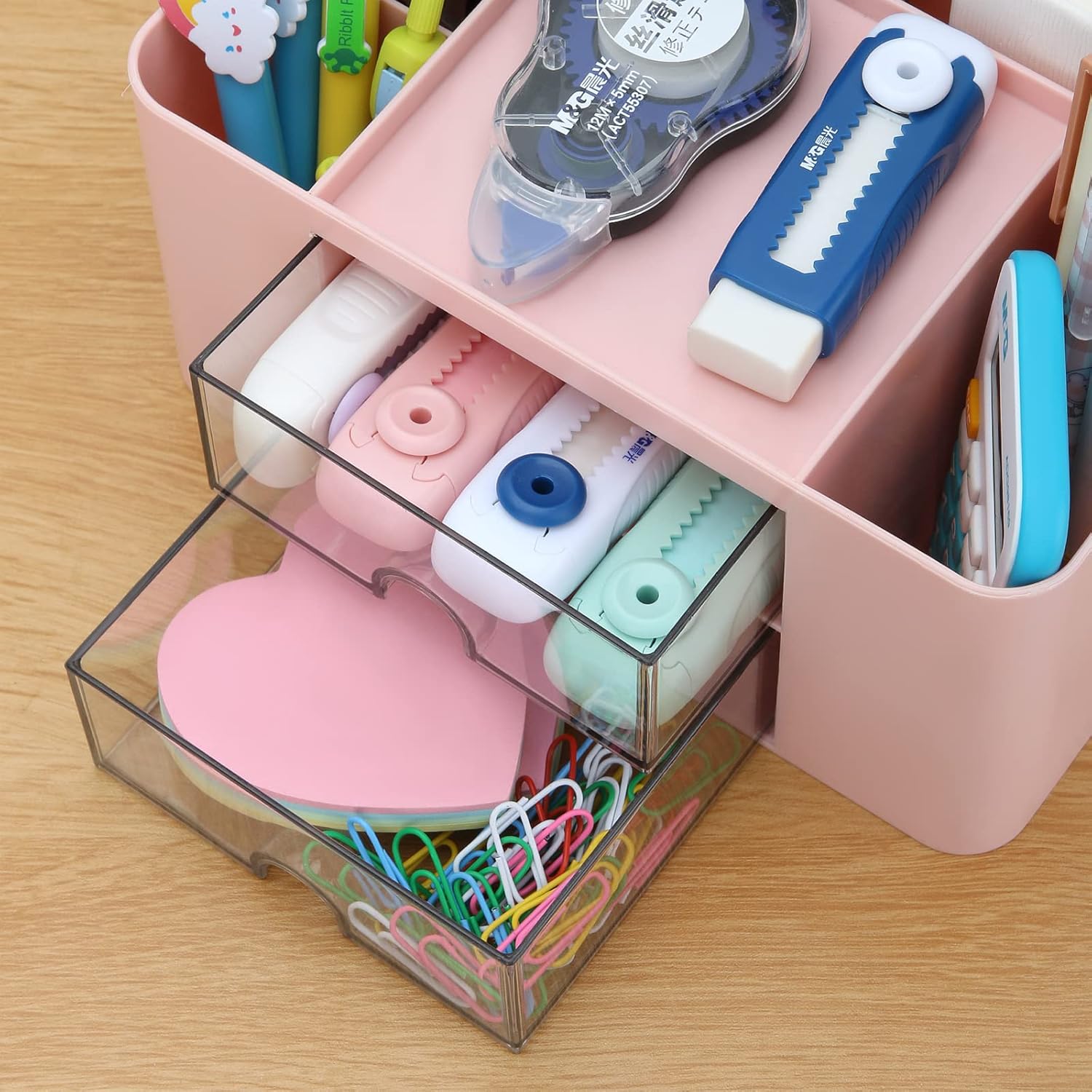 Desk Organizer with 2 Drawer, Plastic Desktop Pen Pencil Card Holder Storage Box for Desk, Office Supplies, Vanity Table Office School Home (Pink)