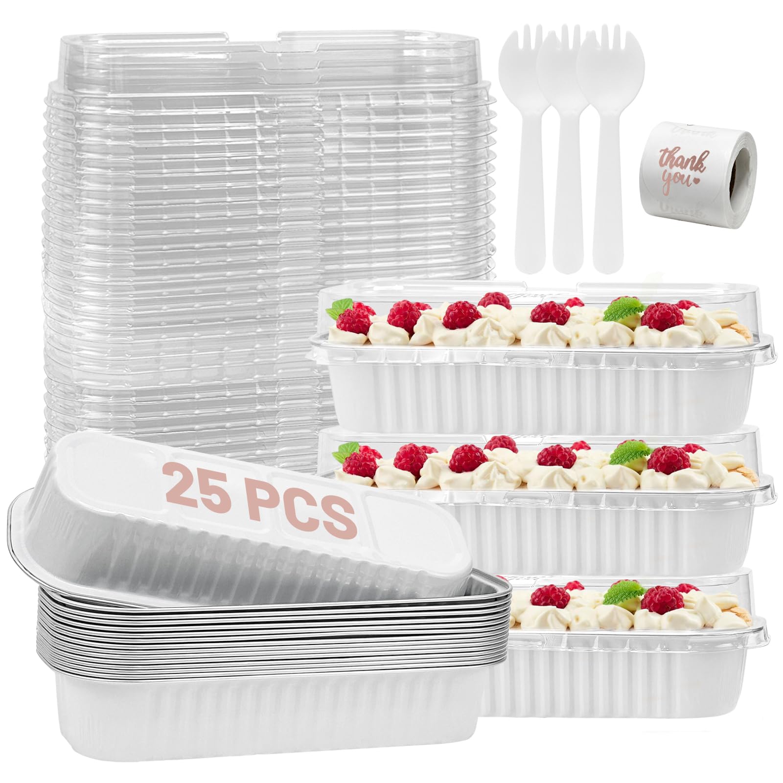 25Pack Pink Mini Cake Pans with Lids Mini Loaf Pans and Spoons and Stickers, 6.8Oz Aluminum Foil Pans Tins, Individual Dessert Cups Containers for Sales,Party,Picnics
