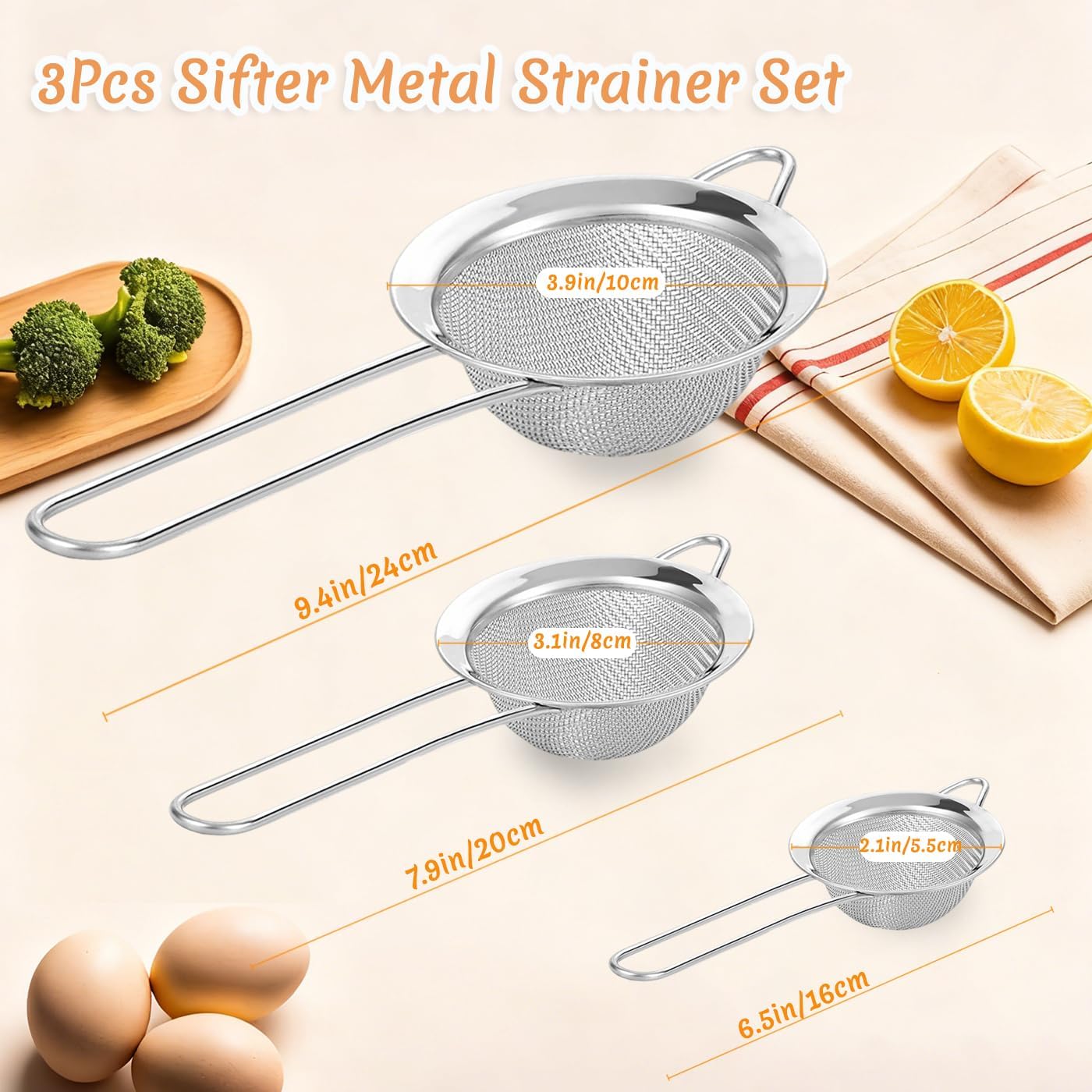 3Pcs Fine Mesh Strainer with Handle, Small Medium Large Size Sieve Strainers Set, Stainless Steel Sifter Colander for Kitchen Baking Juice Quinoa Food Flour