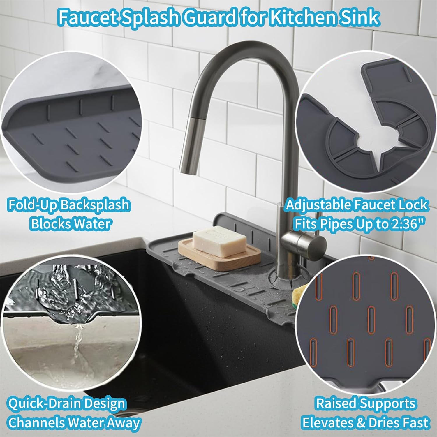 Silicone Faucet Handle Drip Catcher Drying Tray Mat Dish Soap Sponge Holder Accessories Gadgets for Kitchen Counter Bathroom Kitchen Sink Splash Guard (Gray, 14.56")