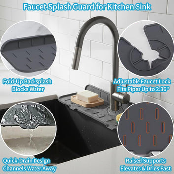 Silicone Faucet Handle Drip Catcher Drying Tray Mat Dish Soap Sponge Holder Accessories Gadgets for Kitchen Counter Bathroom Kitchen Sink Splash Guard (Gray, 14.56")