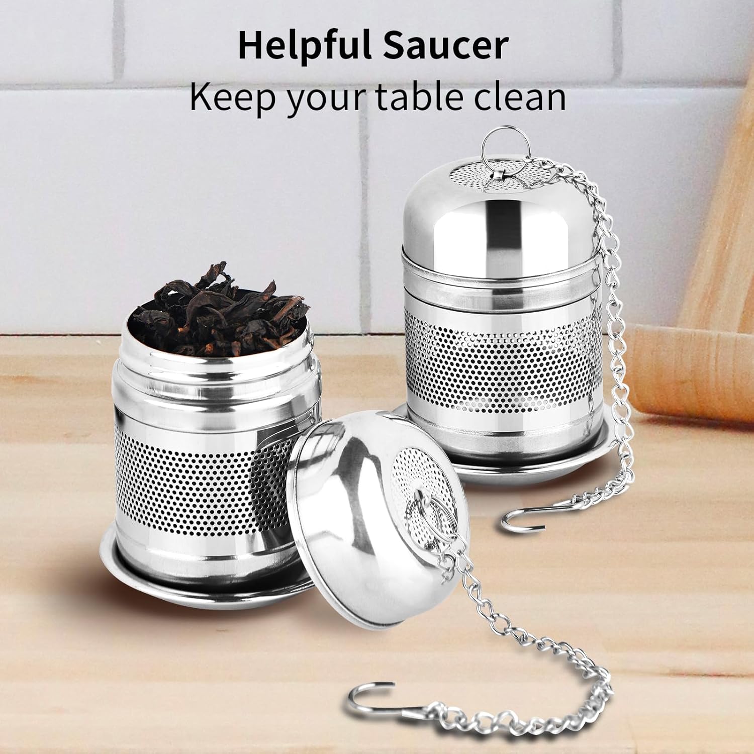 2PCS Tea Infuser Strainer - Stainless Steel Strainers for Loose Leaf Tea, Steeper, Fine Mesh Ball holder with Chain Hook and Lid, Reusable Filter Bags Diffusers