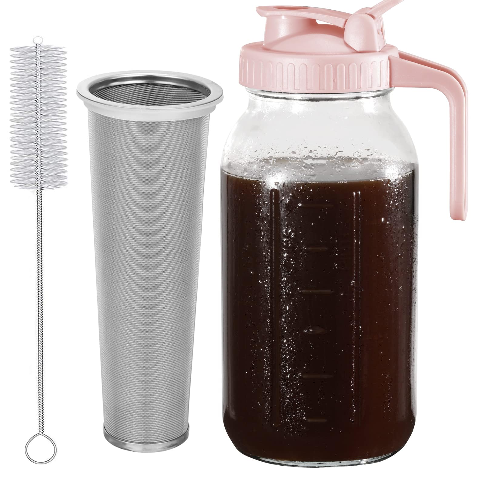 Cold Brew Coffee Maker Pitcher, 64 Oz Heavy Duty Wide Mouth Glass Mason Jar pour spout Lid with Stainless Steel Filter for Iced Coffee, Ice Lemonade, Fruit Drinks, Sun Tea