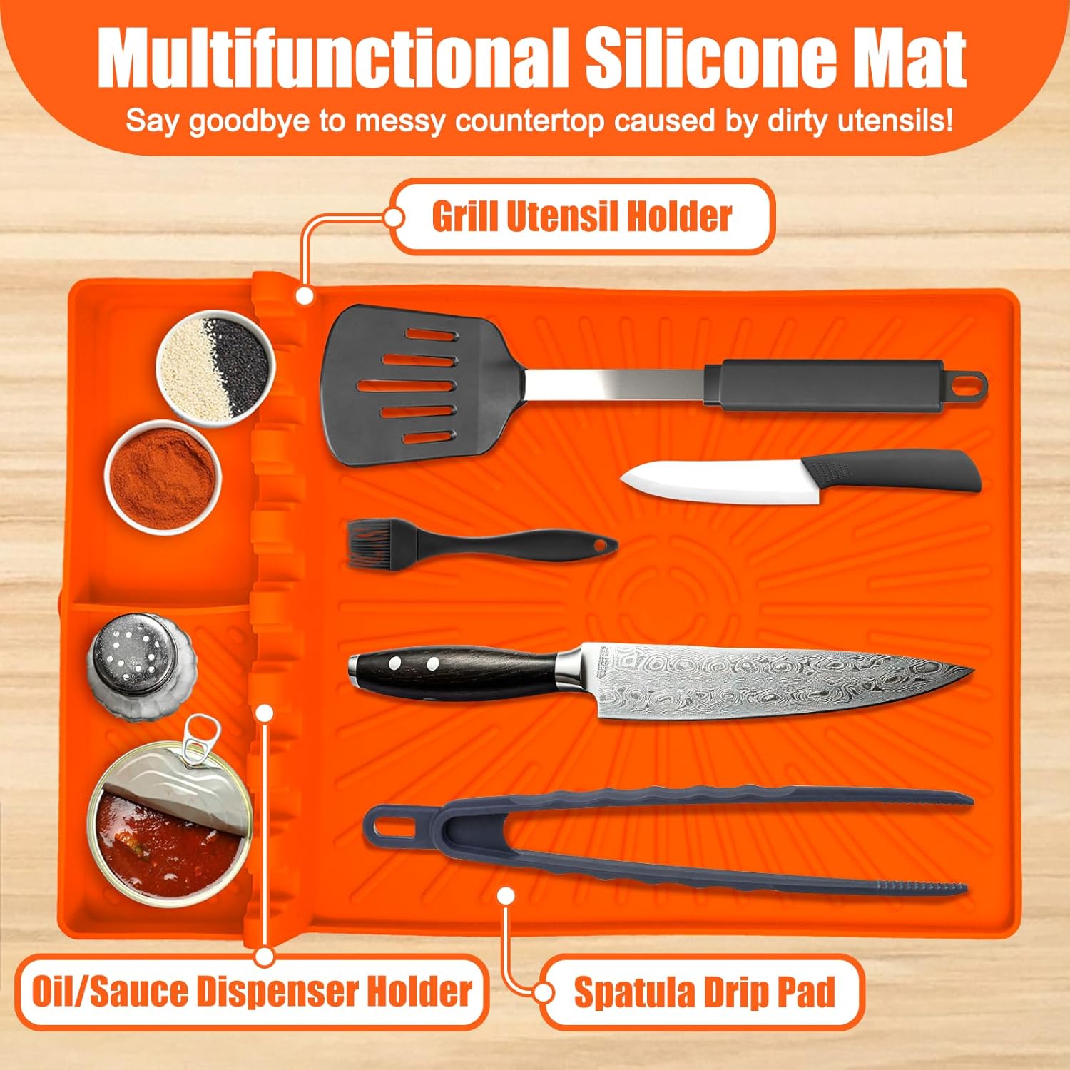 Silicone Spatula Mat, Large Grill Mats for Blackstone with Drip Pad, Heat Resistant Griddle Accessory, Griddle Tools Mat for Outdoor Grill Kitchen Counter (Orange)