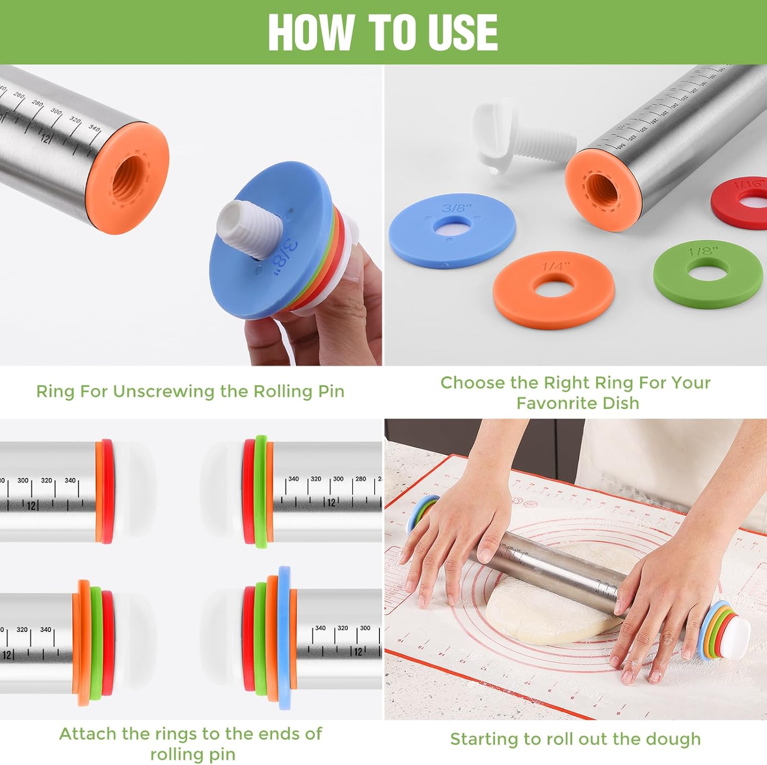 Rolling Pin with Adjustable Thickness Rings for Baking,Stainless Steel Dough Roller,Baking Supplies for Cookie Fondant Pizza Cake Pasta