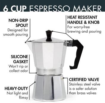Primula Classic Stovetop Espresso and Coffee Maker, Moka Pot for Italian and Cuban Café Brewing, Greca Coffee Maker, Cafeteras, 6 Espresso Cups, Silver