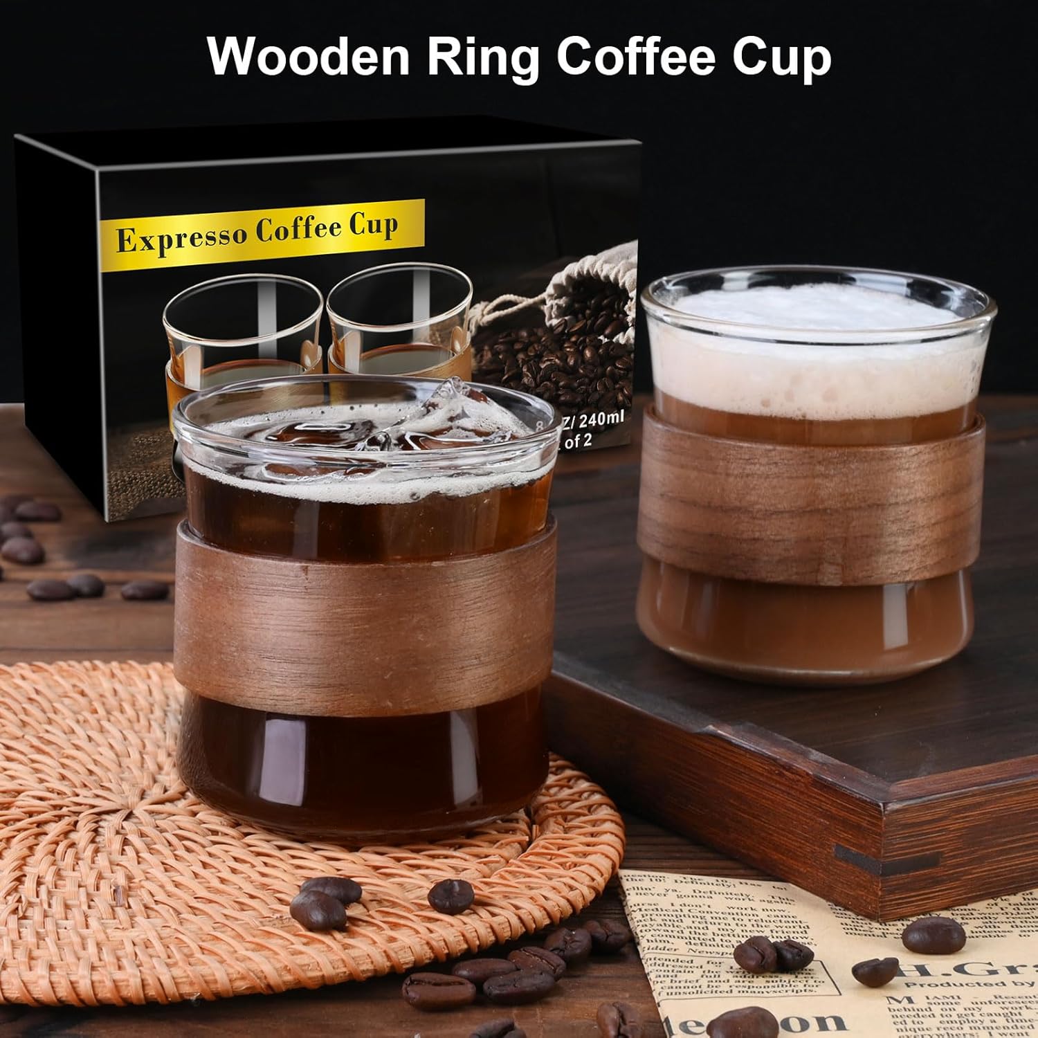 PARACITY Espresso Cups Set of 2 with Wooden Ring, 8 OZ High Borosilicate Espresso Shot Glass, Clear Small Expresso Shots Cup, Espresso Accessories