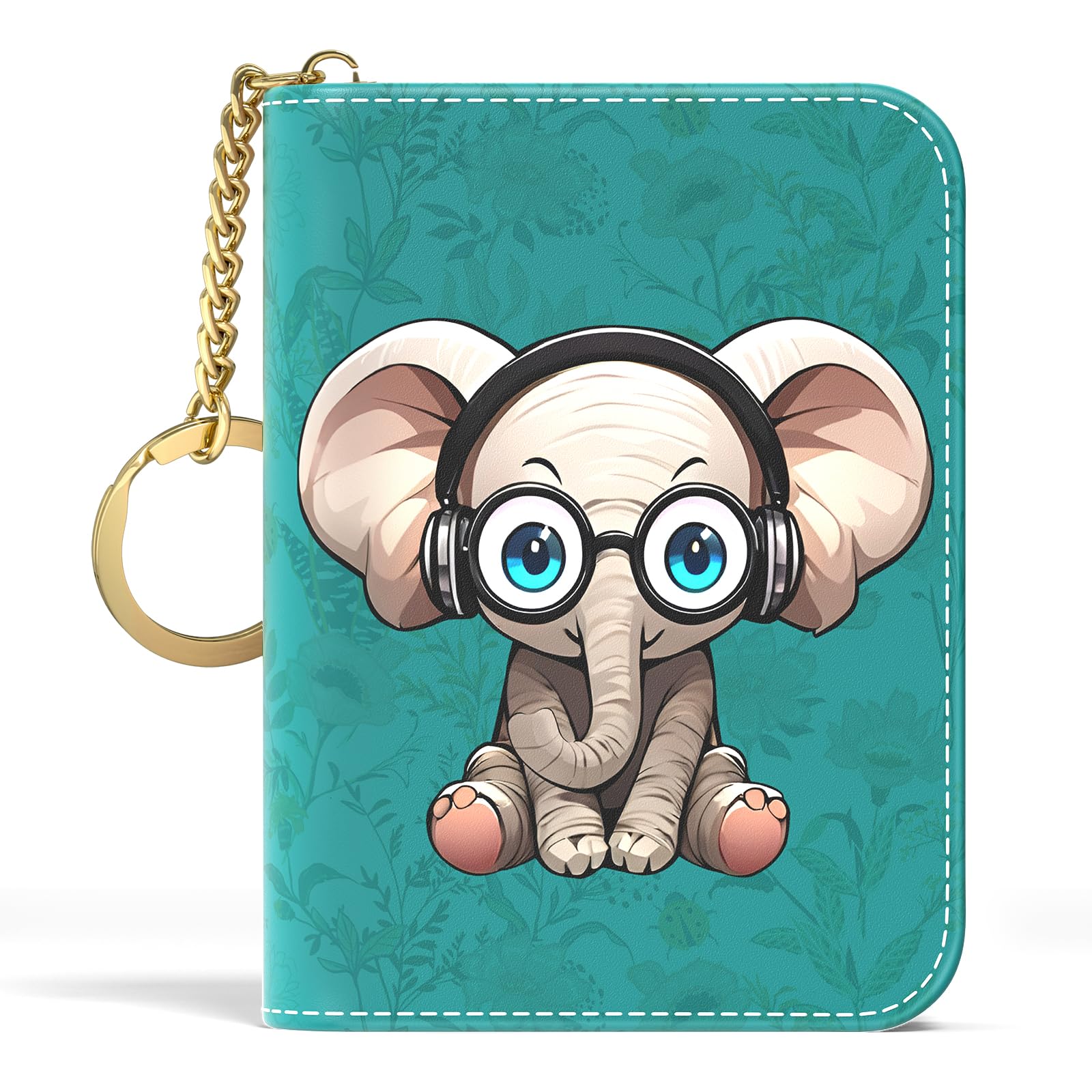 Credit Card Holder, Small RFID Wallet Slim Leather Card Organizer Case with Zipper and Keychain, Elegant Flowers