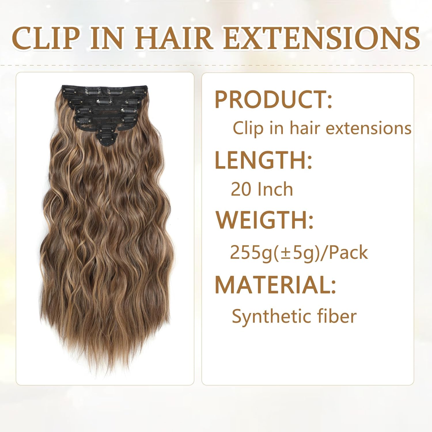 Clip in Hair Extensions for Women, 6PCS Long Wavy Curly Clip on Hair Extensions 20 Inch Honey Blonde Mixed Light Brown Synthetic Hairpieces