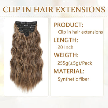 Clip in Hair Extensions for Women, 6PCS Long Wavy Curly Clip on Hair Extensions 20 Inch Honey Blonde Mixed Light Brown Synthetic Hairpieces